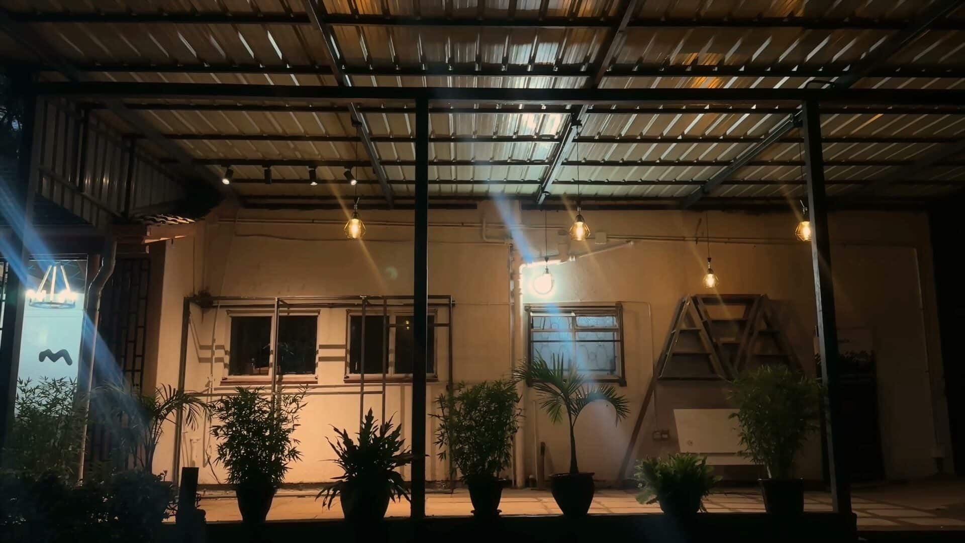 The Yard's courtyard lit up at night